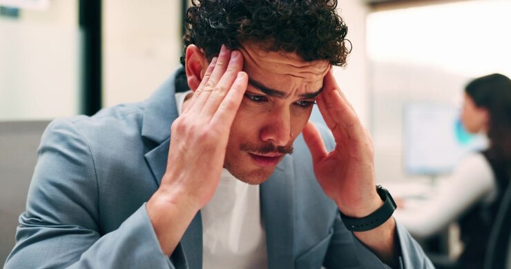 Uomo d'affari stressato che soffre di mal di testa mentre lavora in ufficio