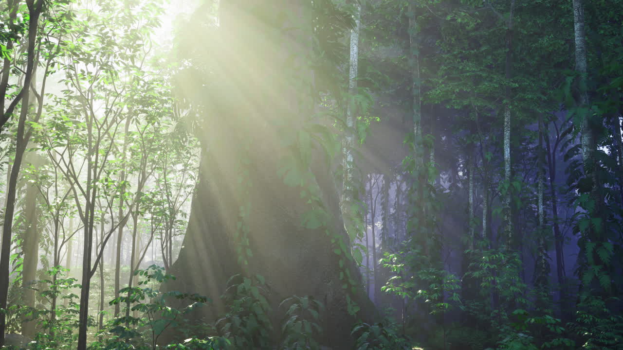 해빛은 새벽에 안개 숲의 나무를 통해 필터링