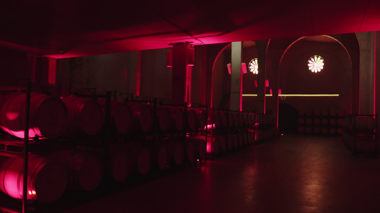 스페인 부르고스 (burgos) 에 있는 와인 공장 안의 네온 빨간색 배럴을 가진 아름다운 와인 컨테이너의 놀라운 사진