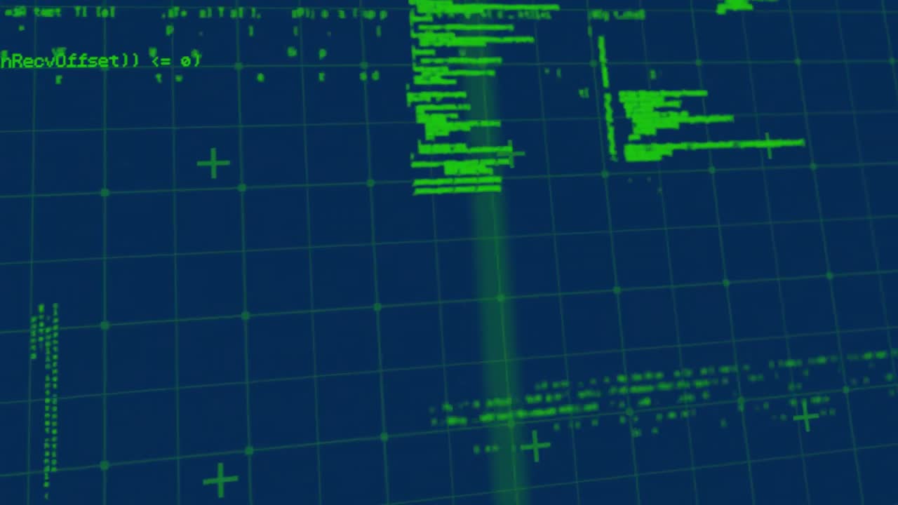 Animation of data processing over grid on blue background