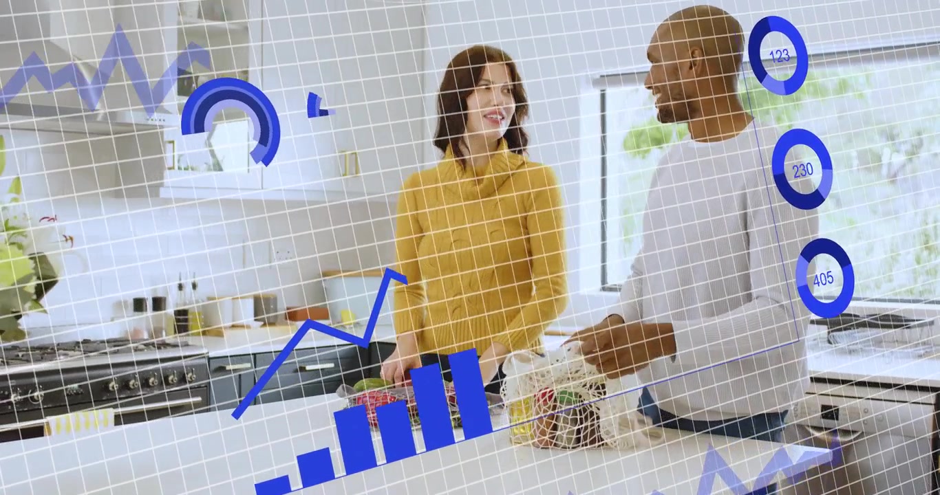 Mann tar tak i pose og kvinne velger pepper mens blå diagrammer animeres rundt kjøkkenøy for matlaging