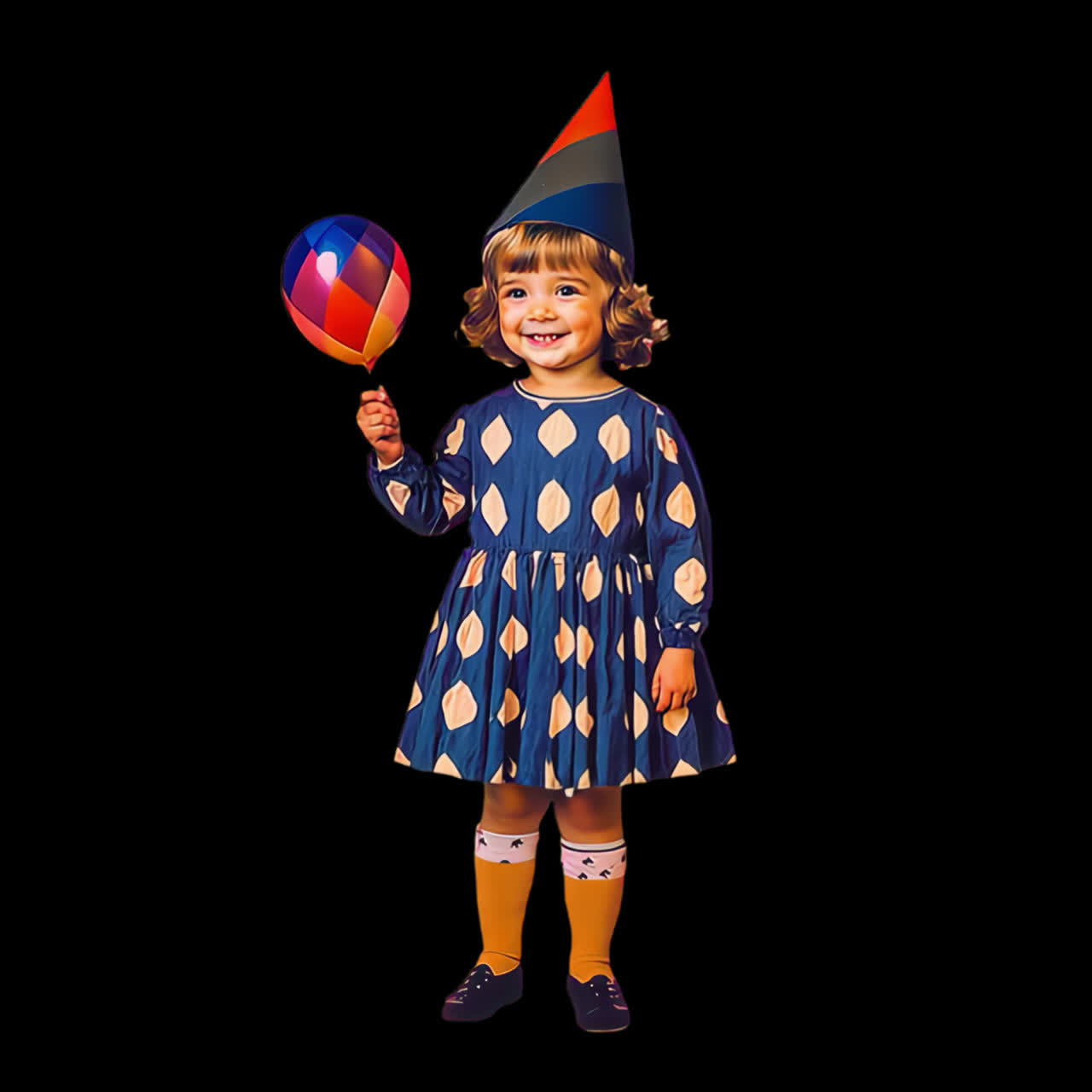 Recurso aislado de animación de niño con traje de fiesta colorido, vídeo 4K transparente, canal alfa, ProRes