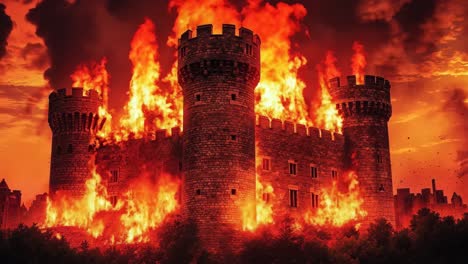 a castle on fire with a red sky in the background