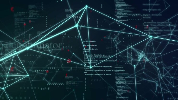 As code scrolling, glowing nodes linking into mesh, triangle growing, pulsing to show data