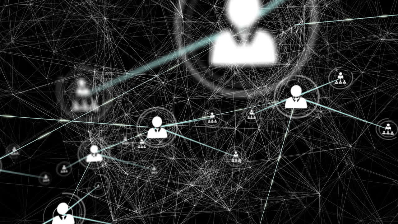Animation of network of connections with icons over black background