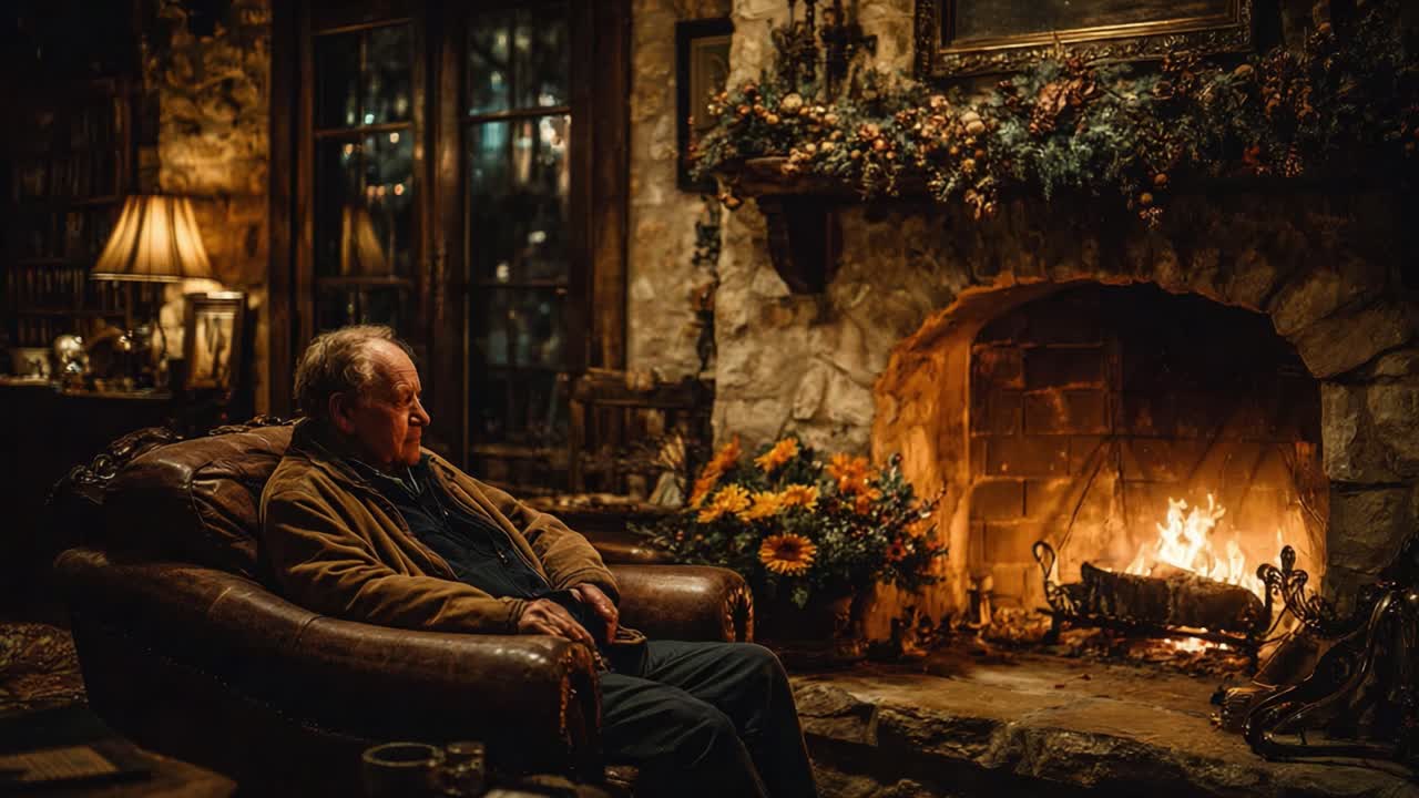 A contemplative moment by the fire, capturing a serene atmosphere in a cozy, rustic home filled with warmth and reflections in the glow of the flames