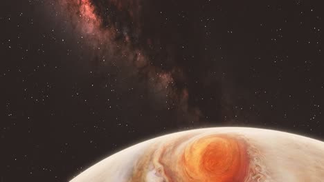 la galaxia de la vía láctea elegante panorámica hacia abajo revela una toma del planeta gigante gaseoso júpiter con una gran tormenta de ojos rojos y fondo de estrellas 4k