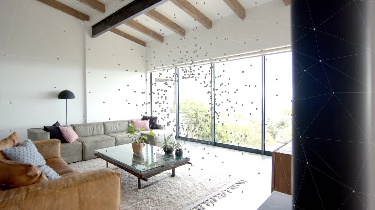 Particle cloud forming at right-window corner, expanding and drifting across room to show airflow