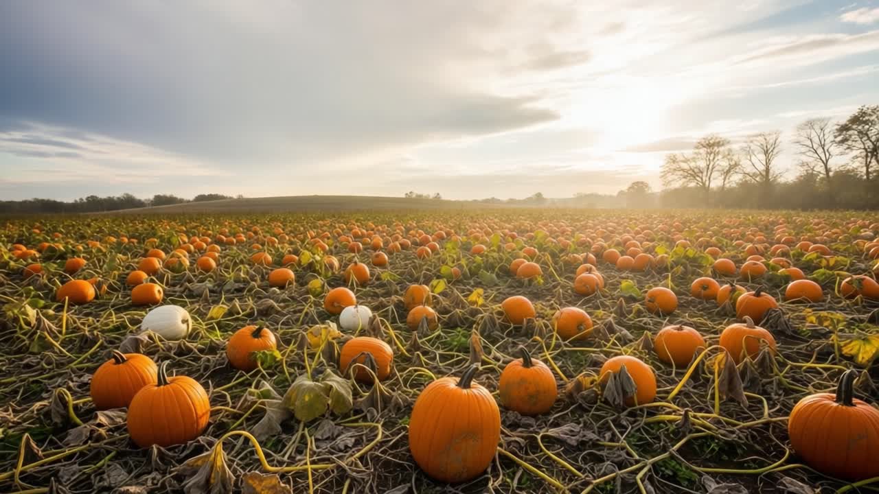 A Bountiful Pumpkin Field at Dusk: Vibrant Orange Pumpkins Blanketing the Ground with a Majestic Sunset and Lush Green Vines Creating an Atmosphere of Autumn Harvesting