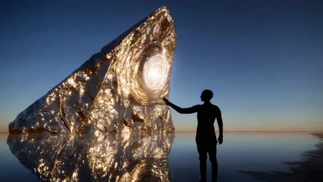 mujer interactuando con un portal dorado en un paisaje futurista