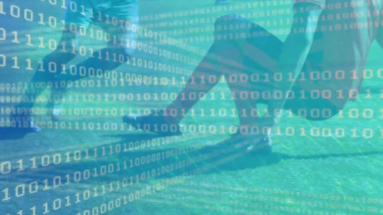 Animation of binary coding over diverse male soccer players playing at stadium