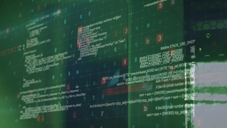 Animation of data processing and cyber attack warning over computer servers