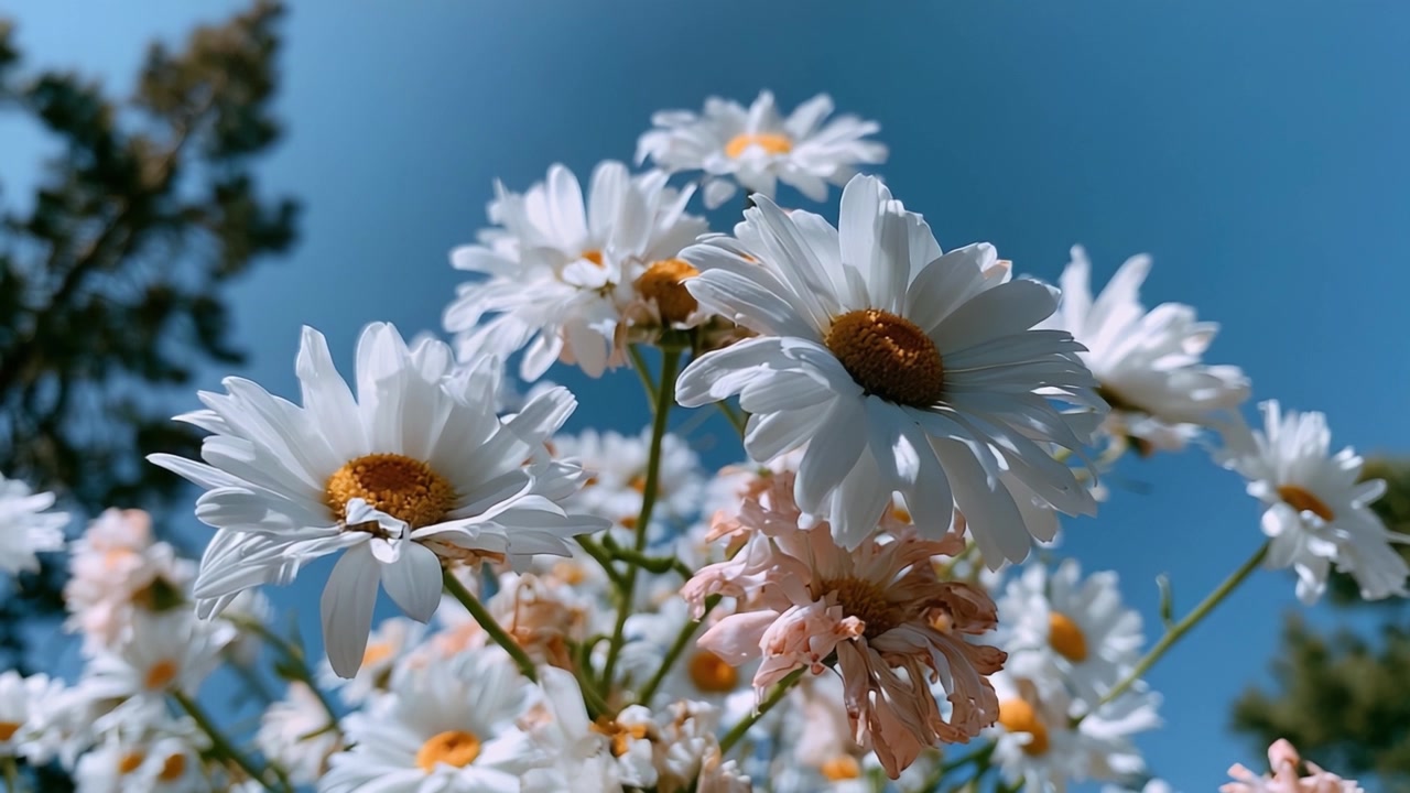 Vista accattivante di vivaci margherite in fiore sotto un cielo azzurro e limpido, che mostra la bellezza delle meraviglie floreali della natura.