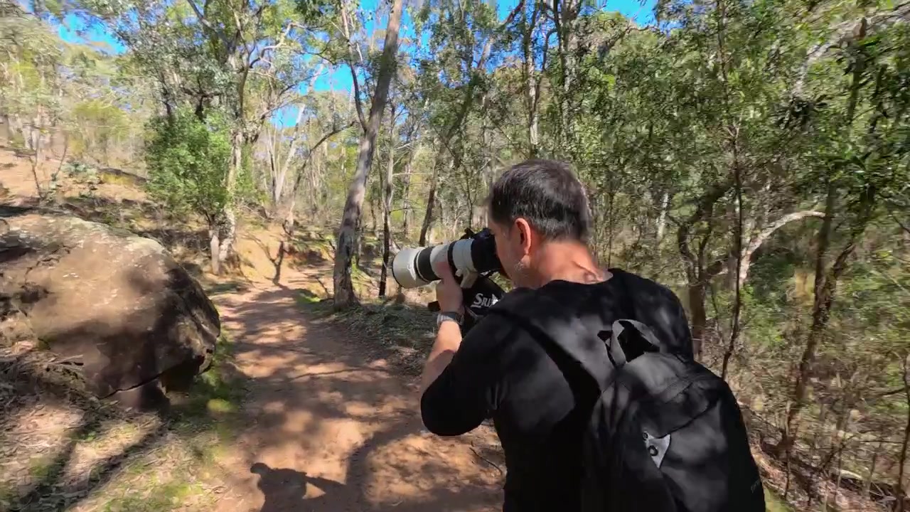 Male photographer walking along a bushland path holding a camera with telephoto lens.