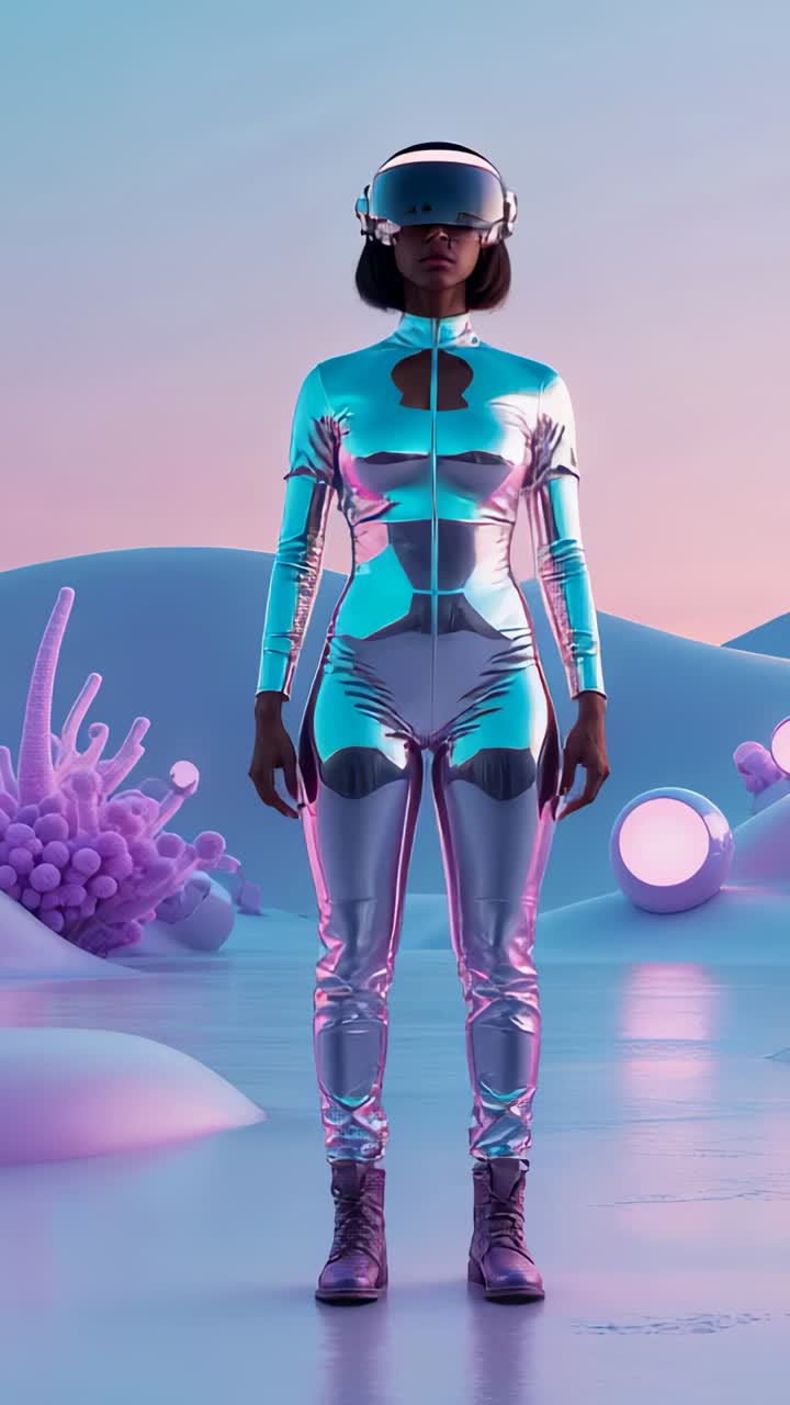 Vertical video: System launching avatar shifting gaze crossing arms exploring orb in digital realm