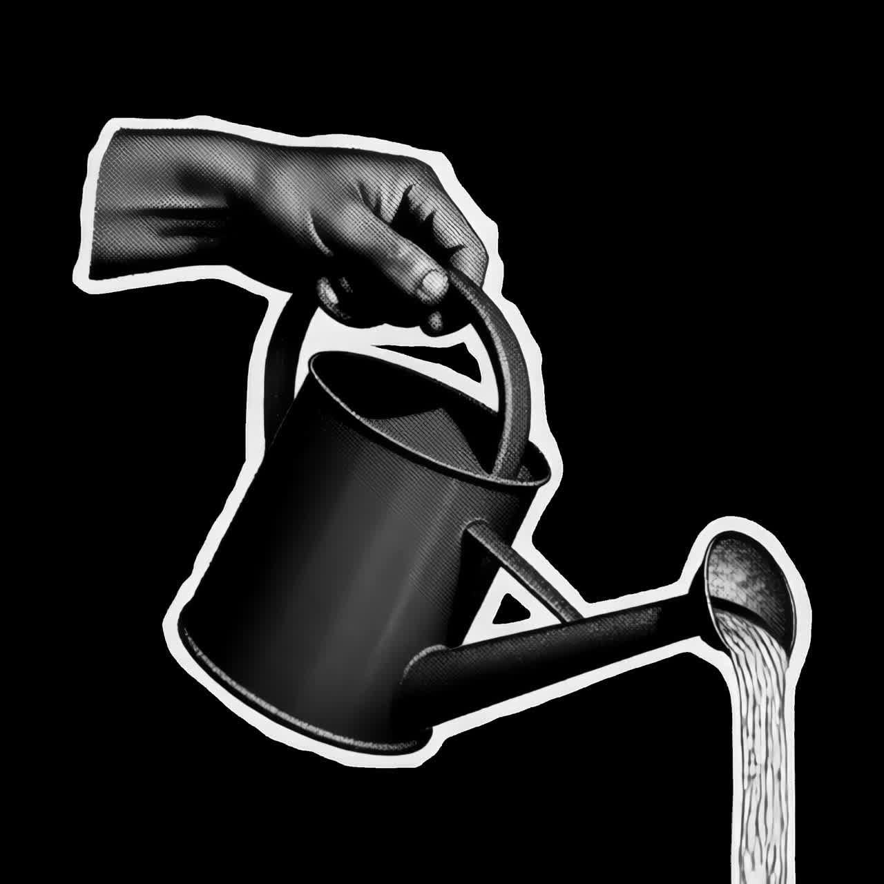 Monochrome watering can illustration animation isolated asset, transparent 4K video, alpha channel