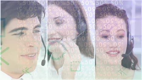 animación de números y formas sobre personas de negocios que usan auriculares de teléfono