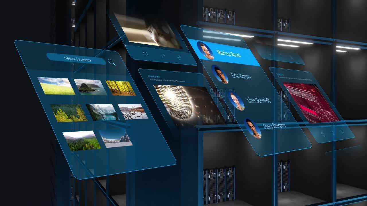 Animation of network of connections and digital icons on servers over black background