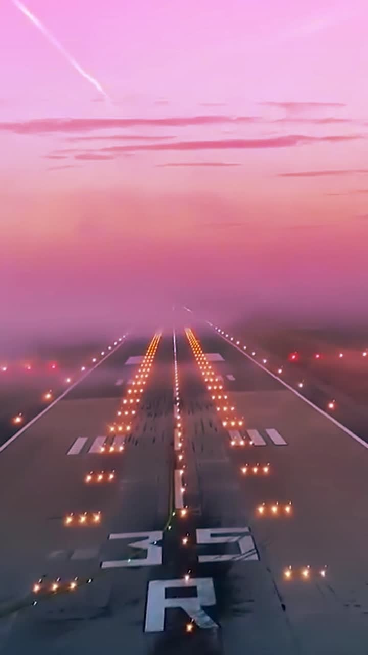 Vista vertical desde la cabina de un avión aterrizando en una pista con niebla, con un atardecer naranja y rosa en Milán, Italia.