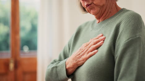 senior woman, hands and heart attack with pain