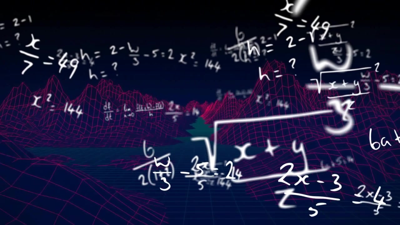 Abstract neon-pink wireframe landscape forming in cyberspace, floating white math equations gliding