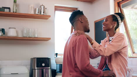 Kitchen,-love-and-black-couple-with-conversation