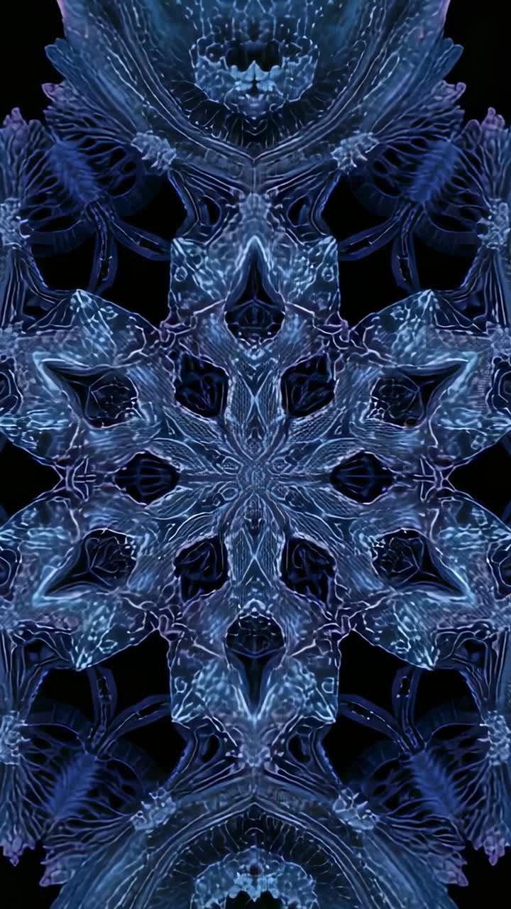 Video verticale: animazione di un mandala blu a sei braccia che si trasforma in verticale, rivelando vene e fori