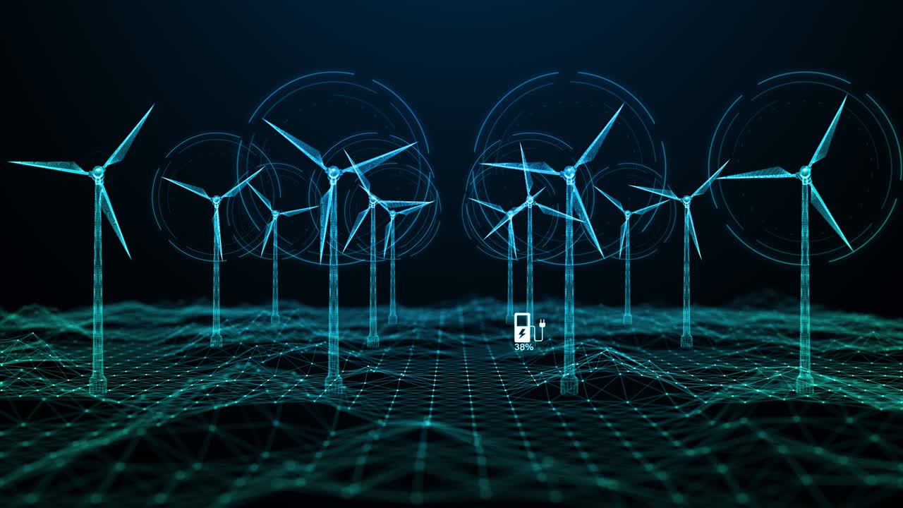 홀로그램 풍력 터빈 녹색 에너지 개념, 녹색 생태 세계를위한 재생 가능한 에너지 생산, 풍력 농장 기술 추상적인 배경, 원활한 루프 4k