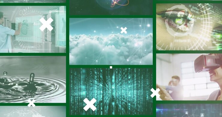 Animace bílých křížů přes více obrazovek komunikační technologie a abstraktních klipů