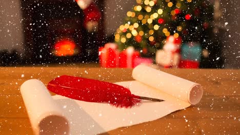 Falling-snow-and-Santa-list-at-Christmas-home