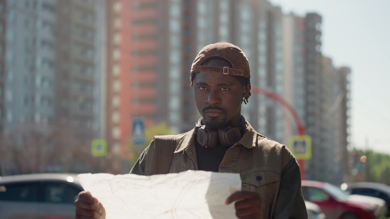 Uomo esamina una grande mappa di carta in un contesto urbano, indossando cuffie e abbigliamento casual da esterno. Alti edifici formano lo sfondo con auto parcheggiate visibili sulla strada, suggerendo ore diurne
