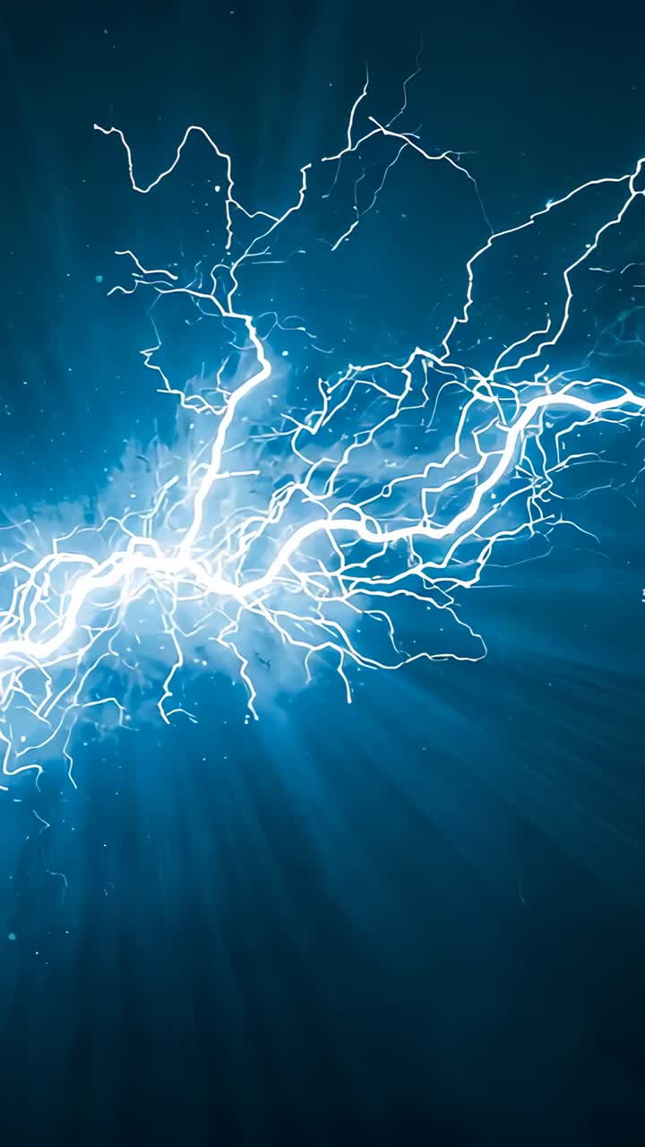Vertical video: Flaring core sending lightning arc sweeping across deep blue scene, spitting sparks
