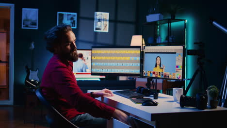 photographer taking break from using photo editing software on pc display, texting friends to relax