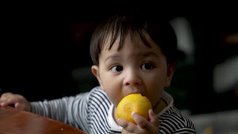 adorable 8 month old indian baby biting into orange whilst looking off camera