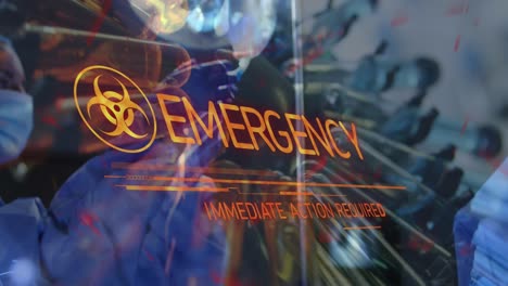 animación de texto de emegrance sobre médico caucásico y viales con líquido