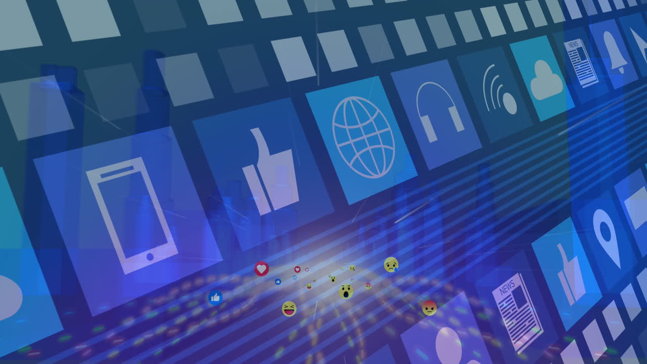 도시 풍경 위의 미디어 아이콘의 애니메이션