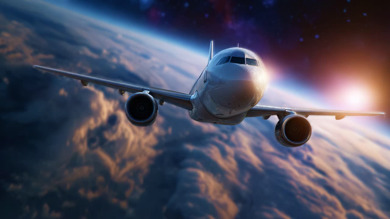 An aircraft soars through the cosmos, elegantly gliding above the Earth's atmosphere while illuminated by a brilliant celestial glow, showcasing aviation innovation