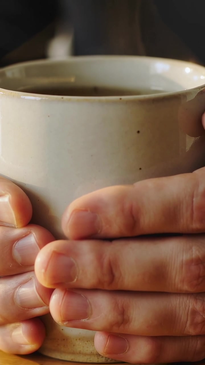 Video verticale: Mani che avvolgono in maniche scure, reagendo al vapore, tenendo una tazza beige in una stanza calda.