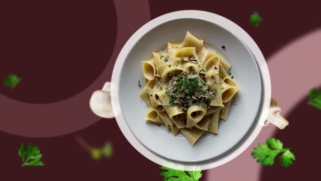 Mushroom-pappardelle-Pasta-with-grated-Parmesan-cheese,-dried-parsley,-black-pepper,-Onion-and-garlic