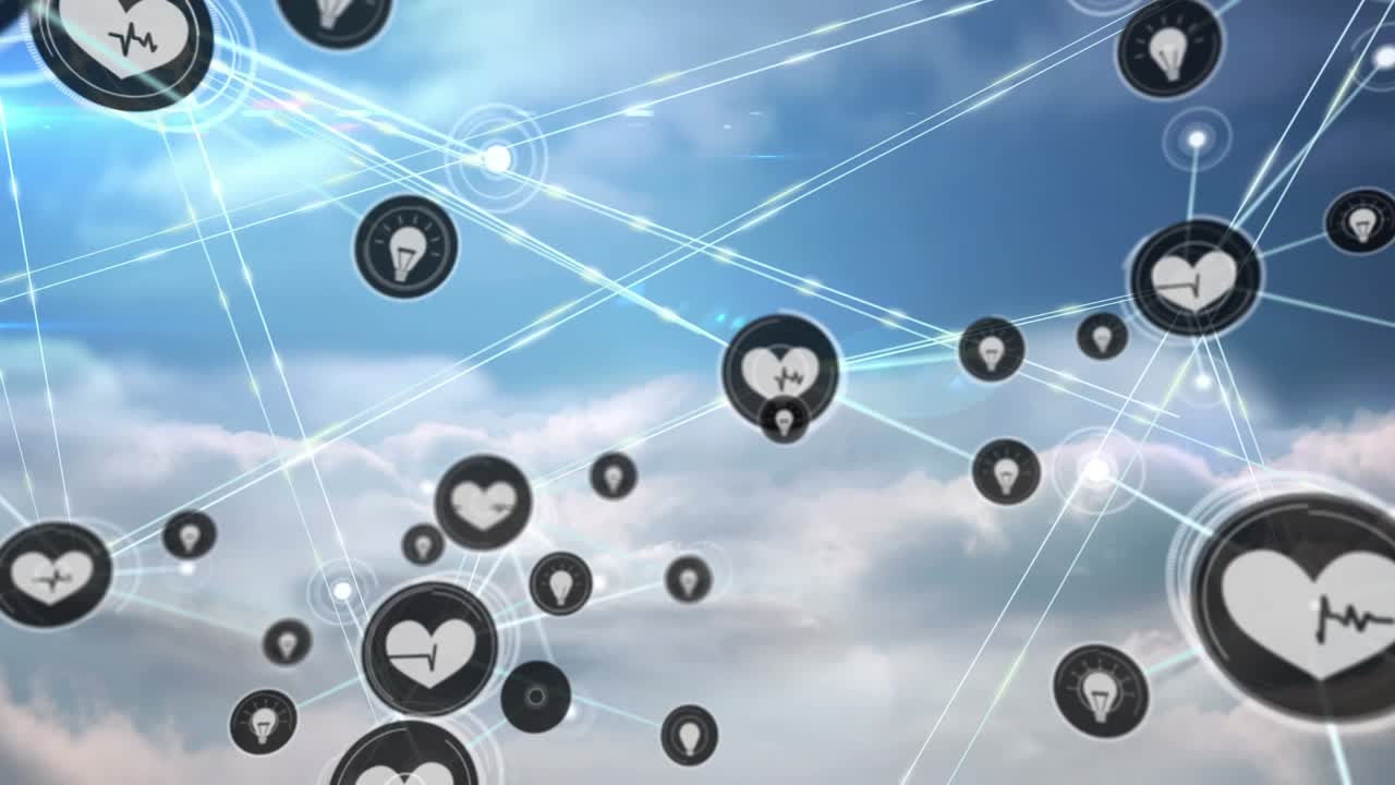Animation of network of connections with icons over sky with clouds