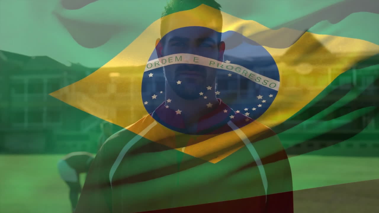 On sports field, person with Brazilian flag and rugby balls, creating animation