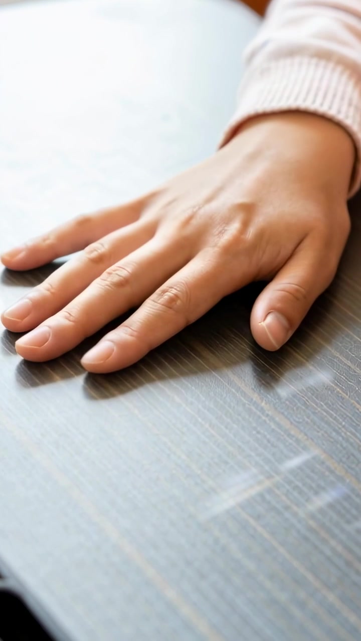 Vertical video: Sliding hand across wood table at home after fingertip lift, with pale pink sleeve