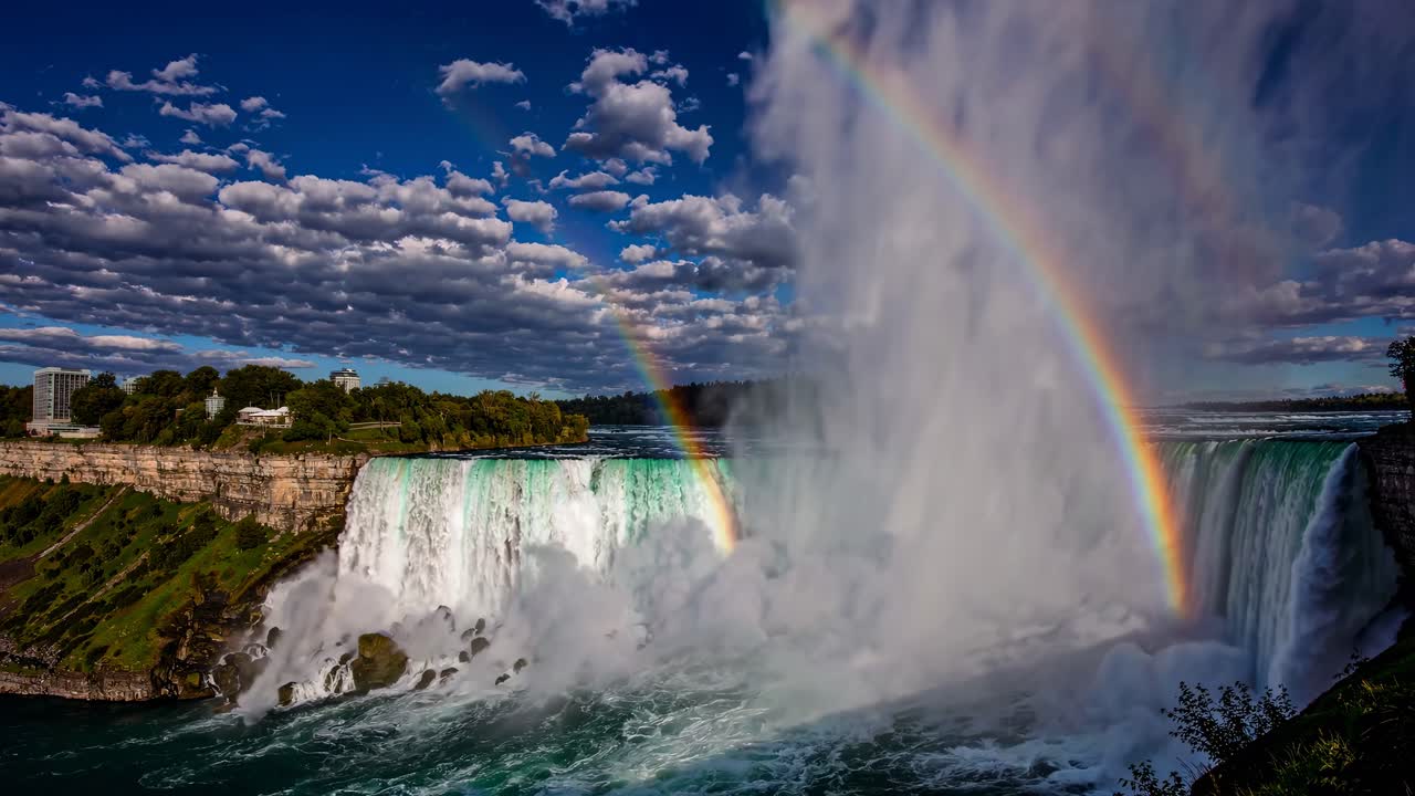 Stunning wide-angle video capture of a waterfall with vibrant rainbows, dramatic clouds, and lush