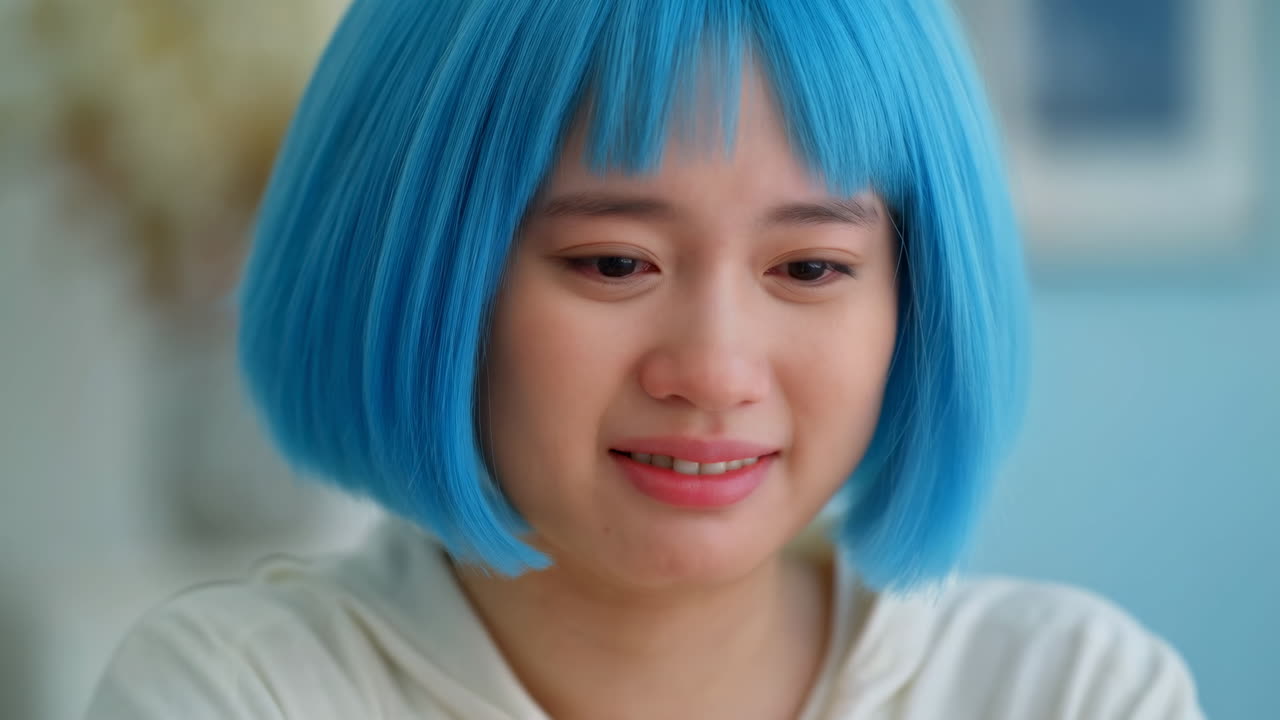 Jovem com cabelo azul chorando e expressando tristeza