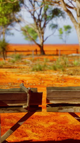 closeup of an old wooden structure in a rural landscape with red dirt and trees in the background