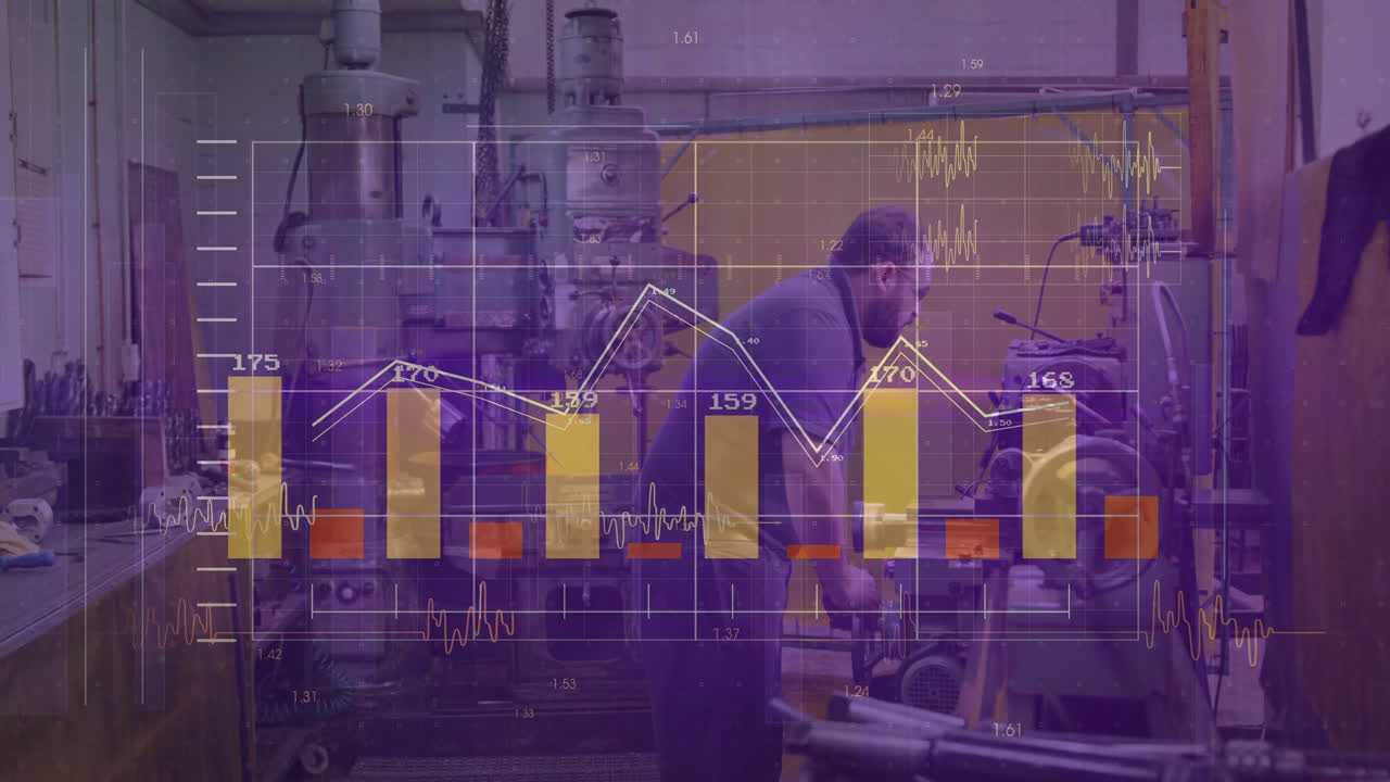 Graph and data analysis animation over workers operating machinery in factory