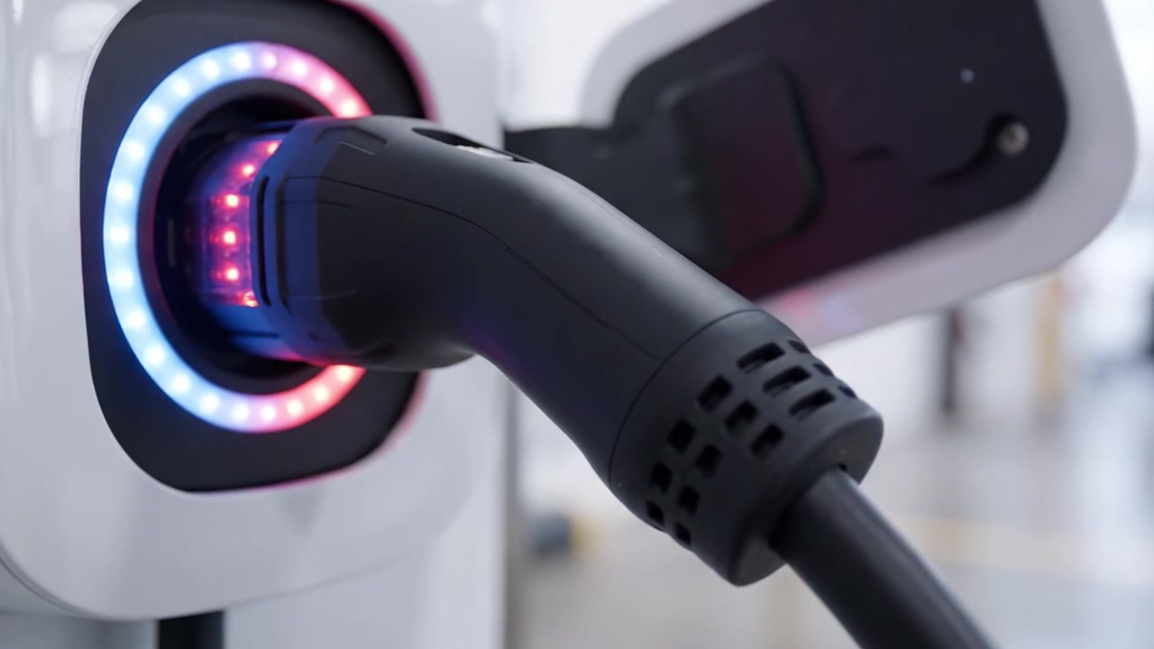 Close-up of Electric Vehicle Charging Connection: Examining the Charging Plug and Socket Interaction with Advanced LED Indicators During Power Transfer