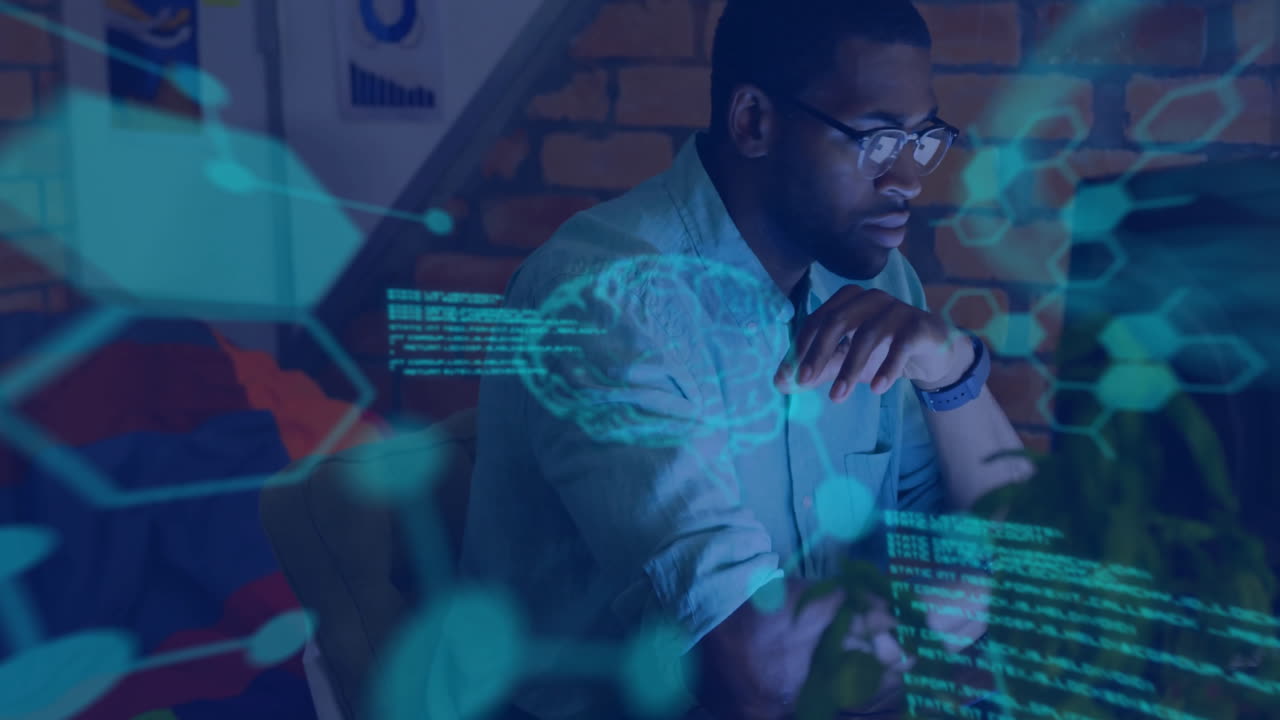 Animation of human brains and digital data processing over african american man