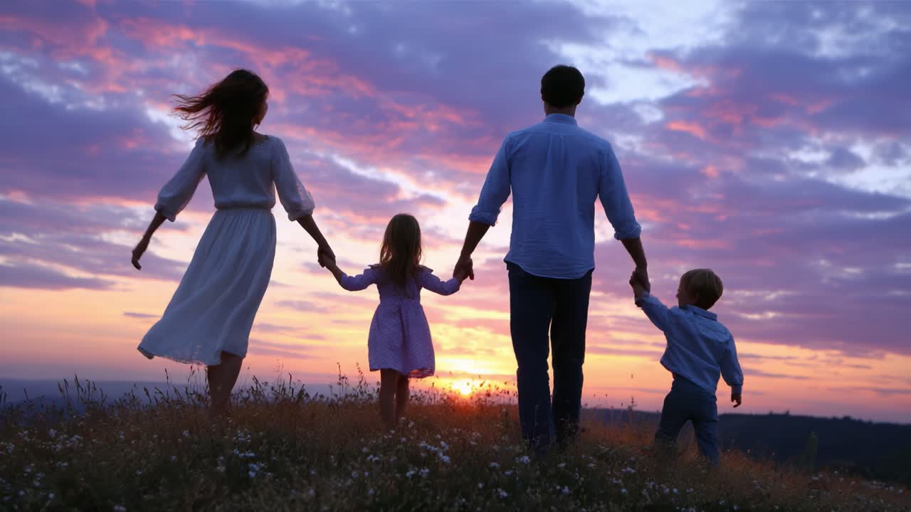 A Beautiful Family Bonding Moment at Sunset: Parents Holding Hands with Their Two Children Against a Vibrant Sky, Capturing the Essence of Togetherness and Love