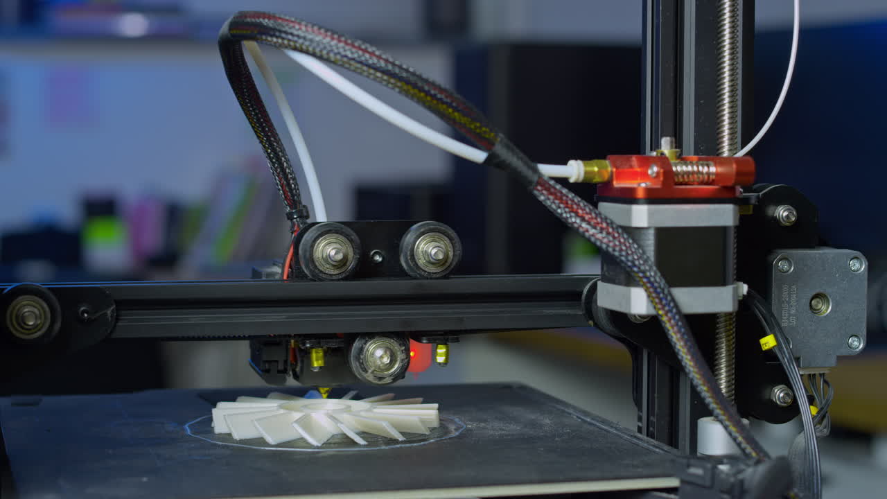 Una stampante 3D crea un prototipo in plastica utilizzando la produzione additiva in un ambiente pulito e organizzato